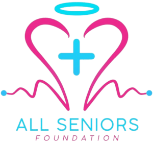 Logo of All Seniors Foundation, featuring an abstract angel heart design with a medical cross and heartbeat signal in pink and blue colors.